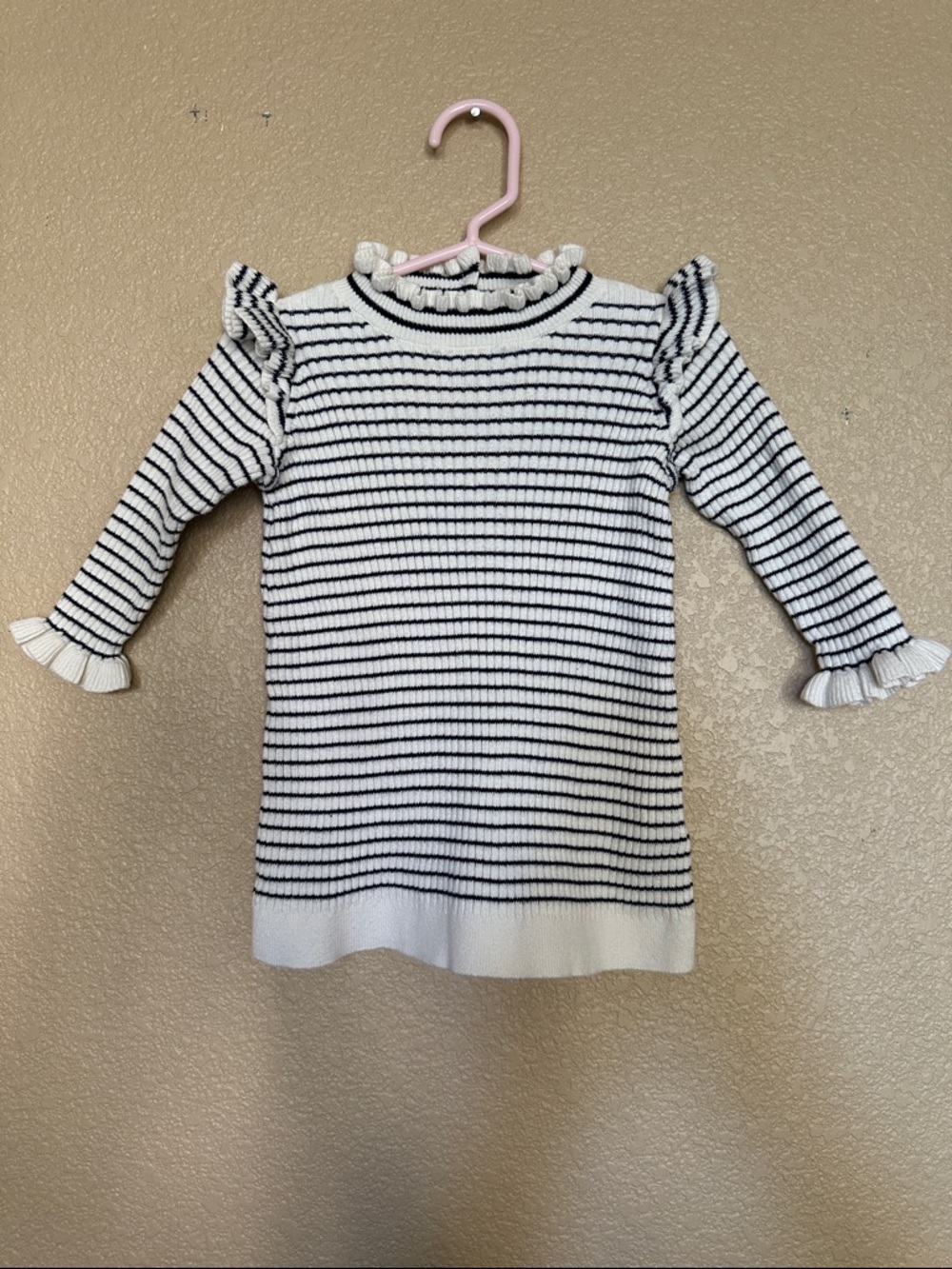 GAP White and Blue Striped Ruffle Ribbed Sweater Dress